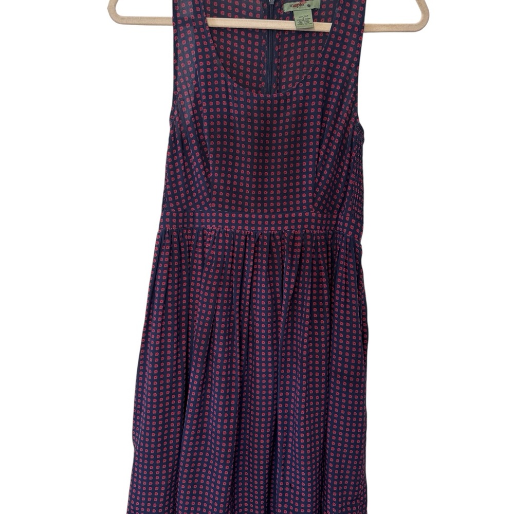 Maple 100% Silk Navy and Red Smock Waist Scoop Neck Sleeveless Dress size 2 - Picture 2 of 14